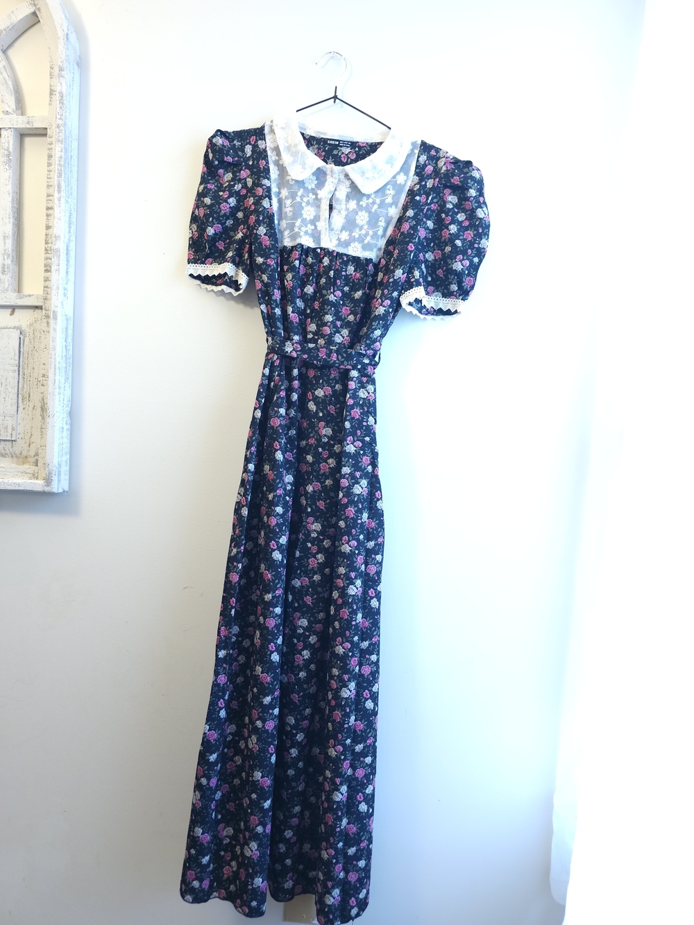 SHEIN Navy Floral Maxi Dress with White Lace Yoke